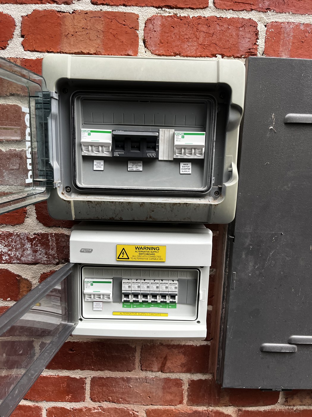 Alternative supply switchboard for a home battery, with main isolator, a changeover switch marked off and battery, and an RCBO on every backed-up circuit, installed by SALTD Electrical